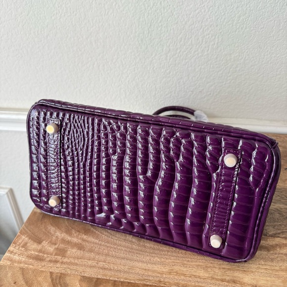 LEATHER INSIDE & OUT Purple Arch Bead 30 BK High Gloss Croc 3D Emboss Satchel B1 - Picture 15 of 16